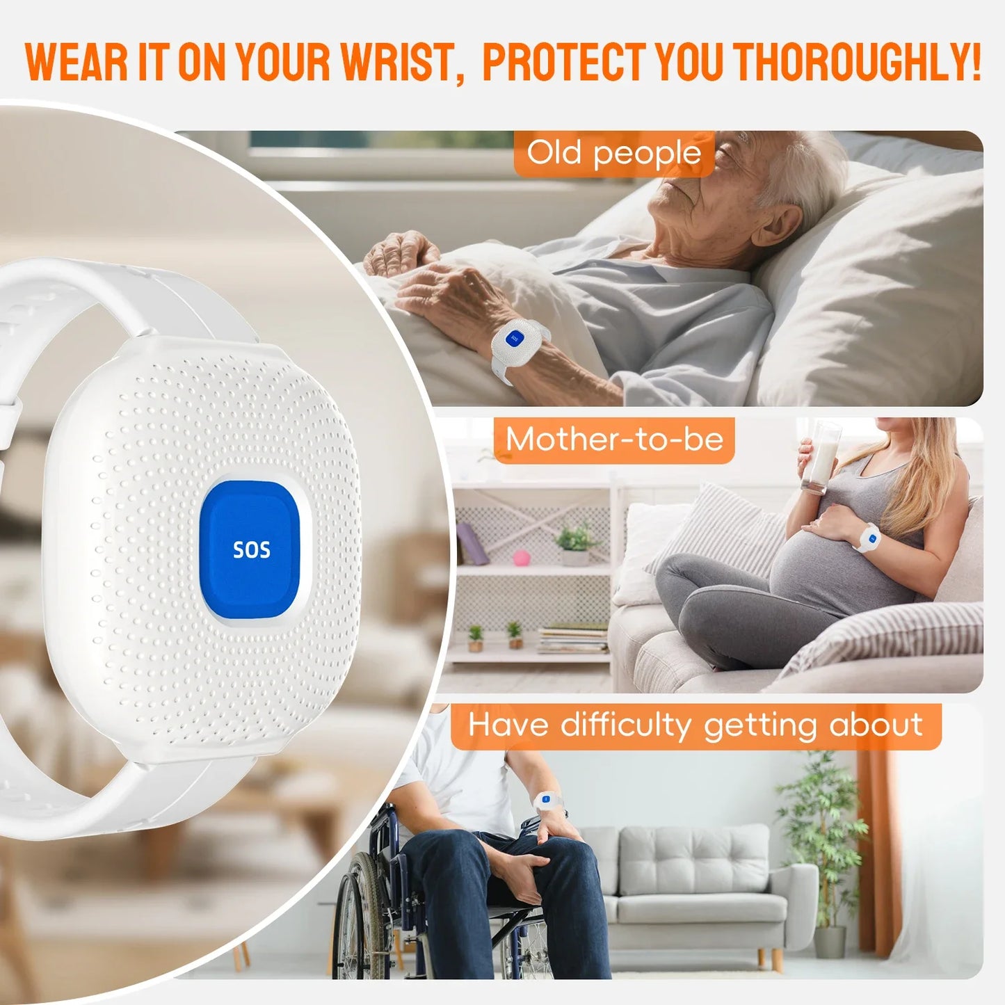 Waterproof Tuya Smart Wifi Safety SOS Bracelet Emergency Alert SOS Watch Elderly Fall Alarm SOS Call Panic Button
